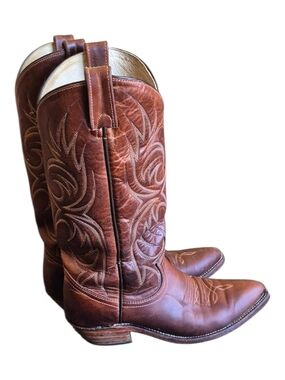 Brahma Brown Western Embroidered Leather Heeled Boots, Sz 6 Womens